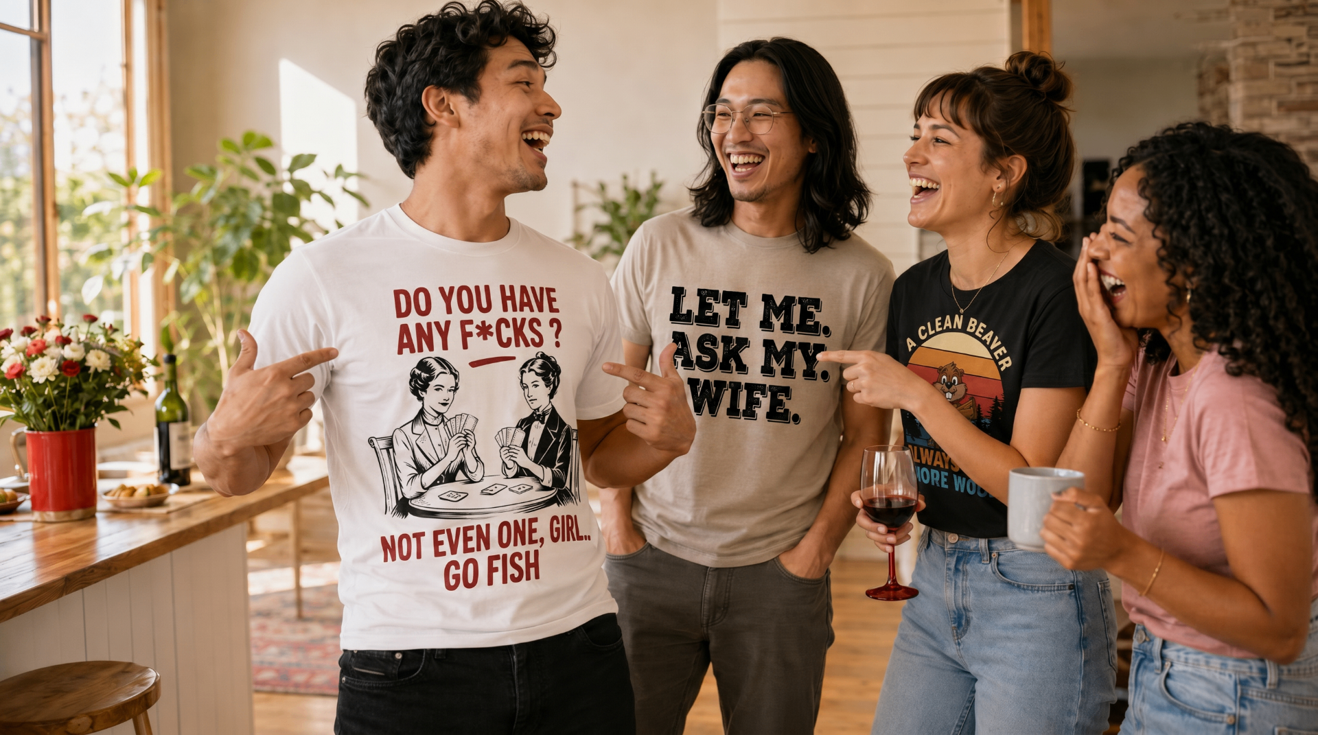 Friends laughing together wearing Tee Riot graphic t-shirts